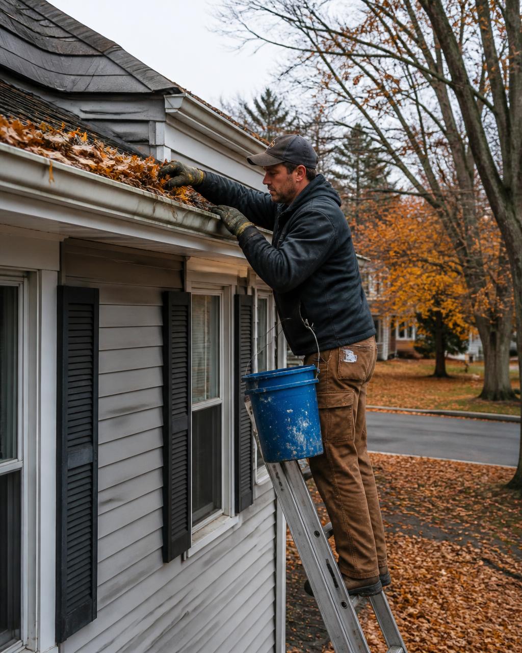 Handyman on a ladder cleaning leaves from a home's gutters