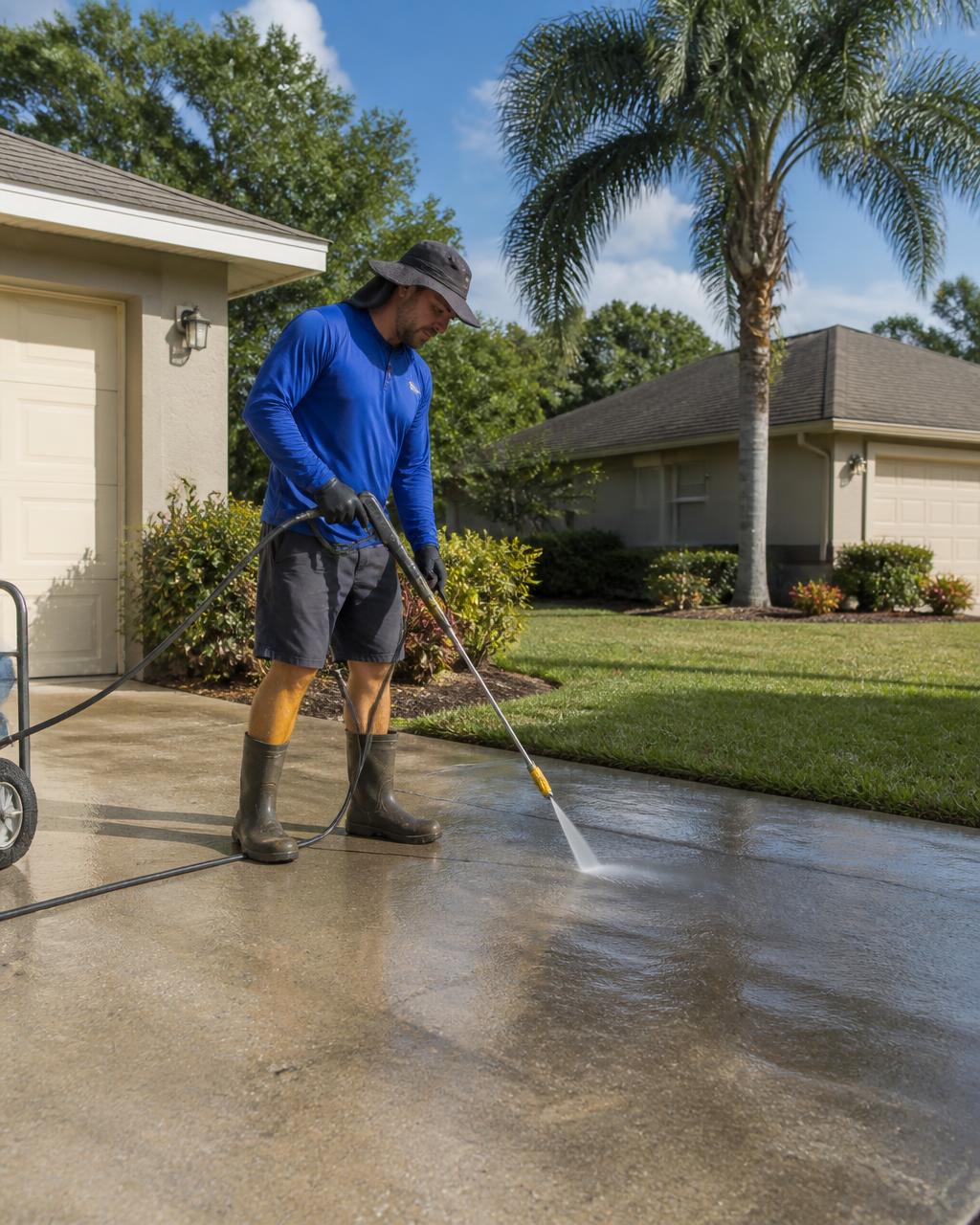 Handyman pressure washing a concrete driveway