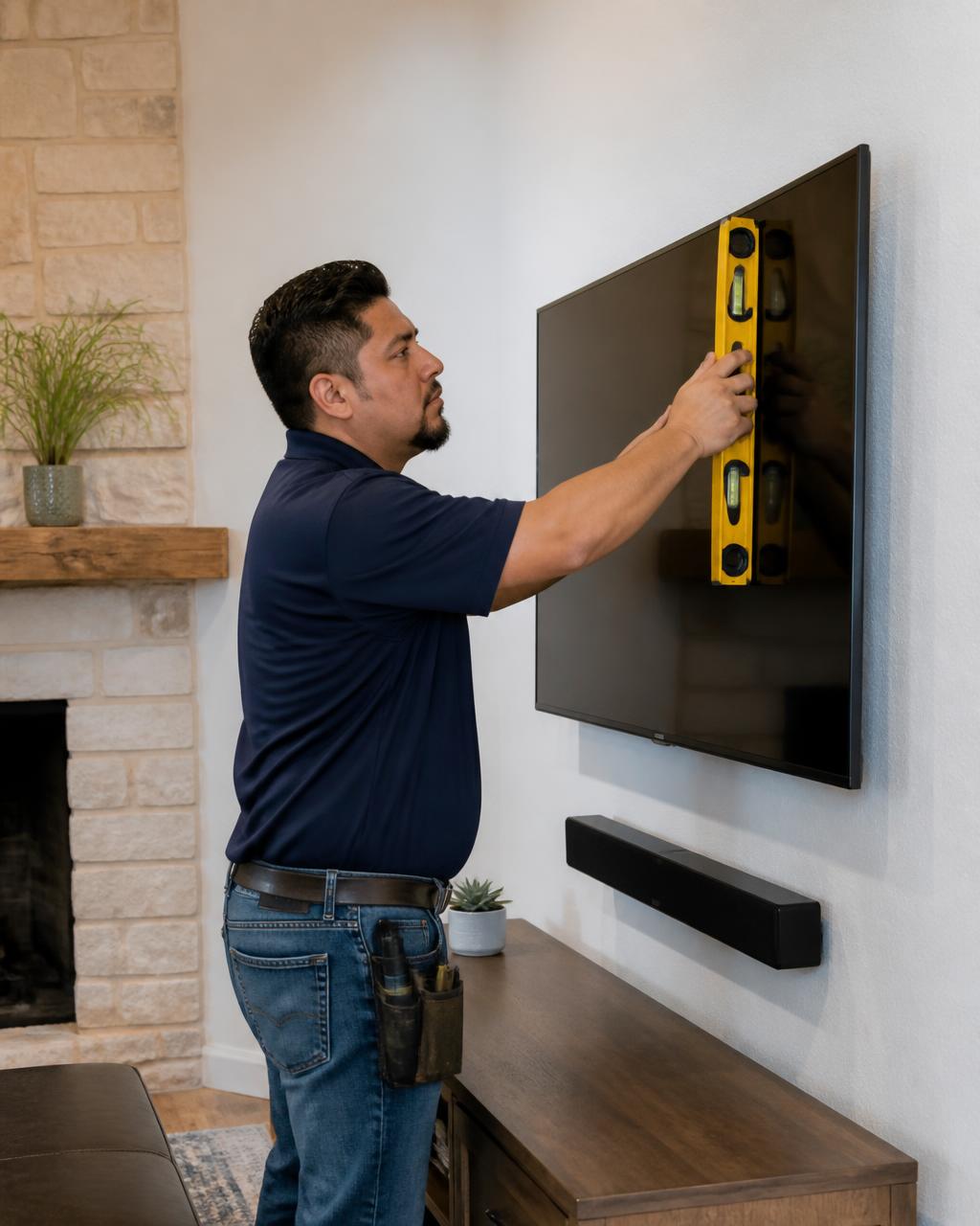 Handyman mounting a flat-screen TV on a wall